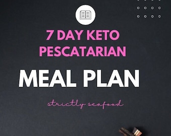 May include: A black background with a pink title that reads "7 Day Keto Pescatarian Meal Plan strictly seafood". A black plate with a stir-fry dish containing noodles, tofu, and shrimp. Green onions are in the foreground. The text "NOTHING BORING HERE" is at the bottom of the image.