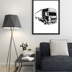 May include: A black and white line art illustration of a semi-truck with a trailer, presented in a rectangular black frame. The artwork features a detailed perspective of the heavy-duty vehicle, showcasing its cab, wheels, and cargo container.