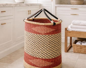 Handwoven Bolga laundry Basket with leather handle  | Bolga basket | Laundry basket| Storage basket | Woven Hamper