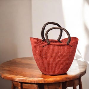 Handwoven Bolga Basket U-Shopper | Stylish, Eco-Friendly Tote | Durable Shopping & Beach Bag| Red Bolga basket
