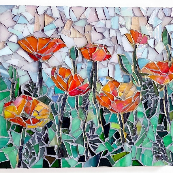 California Poppy Fields in Bloom Handmade Stained Glass Mosaic Wall Art with Hanging