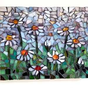 Daisies in Full Bloom at Dawn – Stained Glass Mosaic with a Mystic Air on Oblong Rectangle, Ready to Hang