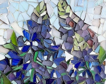 Texas Bluebonnets Handmade Stained Glass Mosaic Wall Art with Hanging