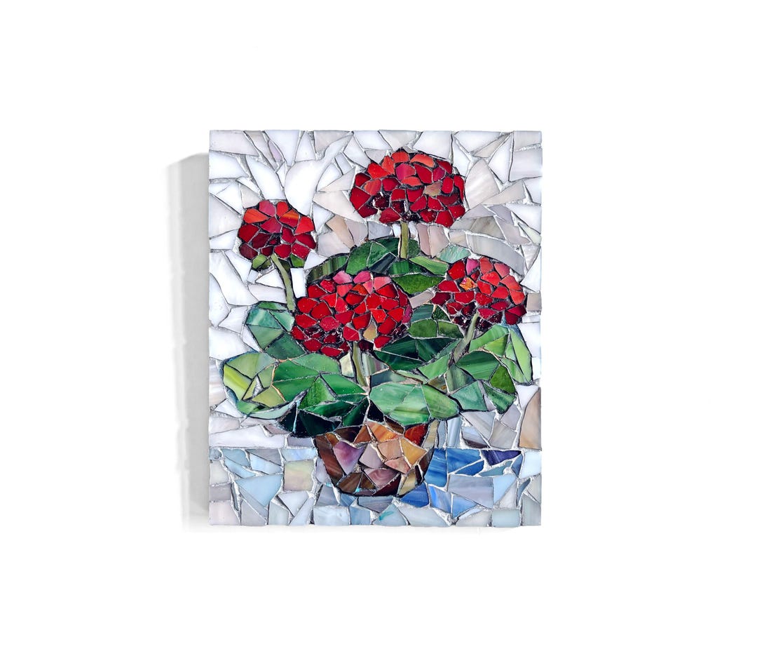 Red Geraniums in Terracotta Pot – Handmade Stained Glass Mosaic Wall ...