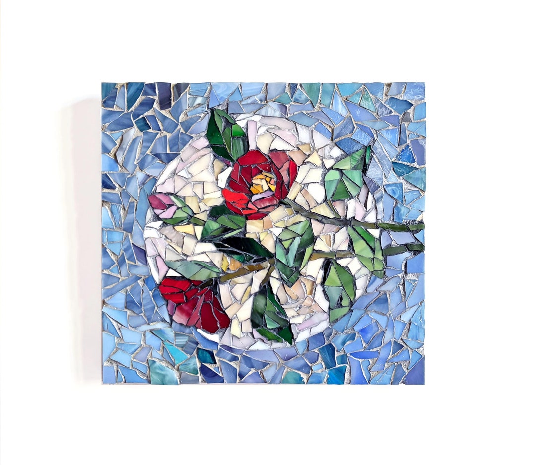 Red Camellia Flowers in Winter Moonlight – Stained Glass Mosaic Wall ...