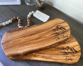 Mountain Gift, Live Edge Charcuterie Board, Personalized Rustic Cheese Board, Custom Olive Wood Board, Wedding Gift, 5th Anniversary Gift