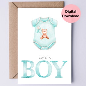 Druckbare neue Babykarte / Baby Shower Karte / It es A Boy Karte / Blaue Baby Strampler mit Bär