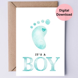 Druckbare neue Babykarte / Baby Shower Karte / It es A Boy Karte / Blauer Babyfuß mit Herz