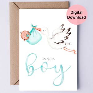 Printable New Baby Card / Baby Shower Card / It&#39;s A Boy Card / Stork With Baby / Blue Ribbon Font