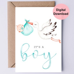 Printable New Baby Card / Baby Shower Card / It&#39;s A Boy Card / Stork With Baby / Blue Ribbon Font