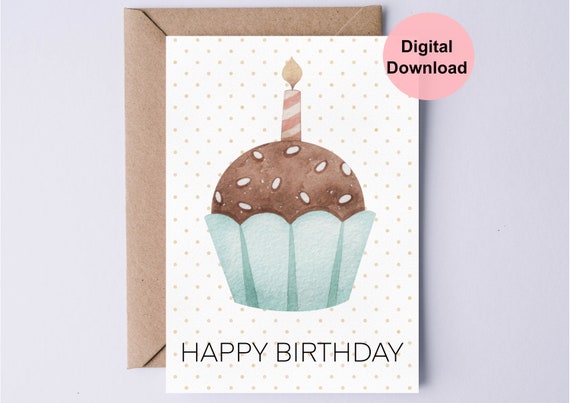 Printable Birthday Card / Happy Birthday Card / Cupcake With | Etsy
