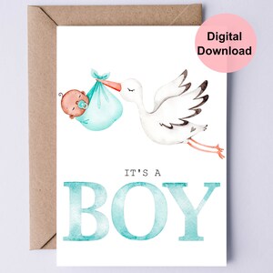 Printable New Baby Card / Baby Shower Card / It&#39;s A Boy Card / Stork With Baby