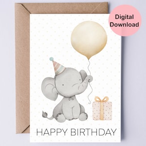 Printable Birthday Card / Happy Birthday Card / Cute Elephant With ...