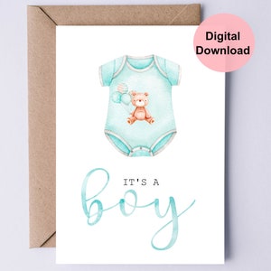 Printable New Baby Card / Baby Shower Card / It&#39;s A Boy Card / Blue Baby Romper With Bear / Blue Ribbon Font