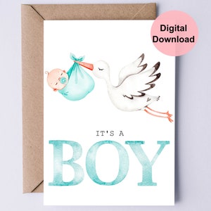 Printable New Baby Card / Baby Shower Card / It&#39;s A Boy Card / Stork With Baby