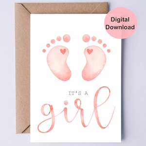 Druckbare neue Babykarte / Baby Shower Karte / It es A Girl Karte / Rosa Babyfüße / Rosa Bändchen Schrift