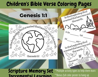 Genesis 1:1 Bible Verse Scripture Memory Coloring Page Set for Children / Kids -- Sunday School, Homeschool, Children&#39;s Church