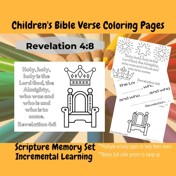 Revelation 4:8 Bible Verse Scripture Memory Coloring Page Set for Children / Kids -- Sunday School, Homeschool, Children's Church