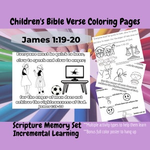 May include: Black and white coloring page featuring a Bible verse from James 1:19-20. The verse reads "Everyone must be quick to hear, slow to speak and slow to anger; for the anger of man does not achieve the righteousness of God." The page includes illustrations of people, a broken computer screen, a scale, and a soccer ball.