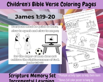 James 1:19-20 Bible Verse Scripture Memory Coloring Page Set for Children / Kids -- Sunday School, Homeschool, Children&#39;s Church