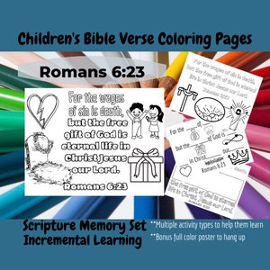Romains 6:23 Bible Verse Écriture Mémoire Coloriage Page Ensemble pour enfants / Enfants - École du dimanche, École à la maison, Église pour enfants