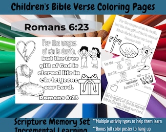 Romans 6:23 Bible Verse Scripture Memory Coloring Page Set for Children / Kids -- Sunday School, Homeschool, Children&#39;s Church