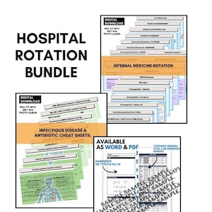 May include: A digital download bundle for hospital rotations. The bundle includes a patient monitoring form, infectious disease and antibiotic cheat sheets, and an internal medicine rotation guide. The forms are available in Word and PDF formats and can be handwritten or typed in. The bundle is designed for healthcare students and workers.