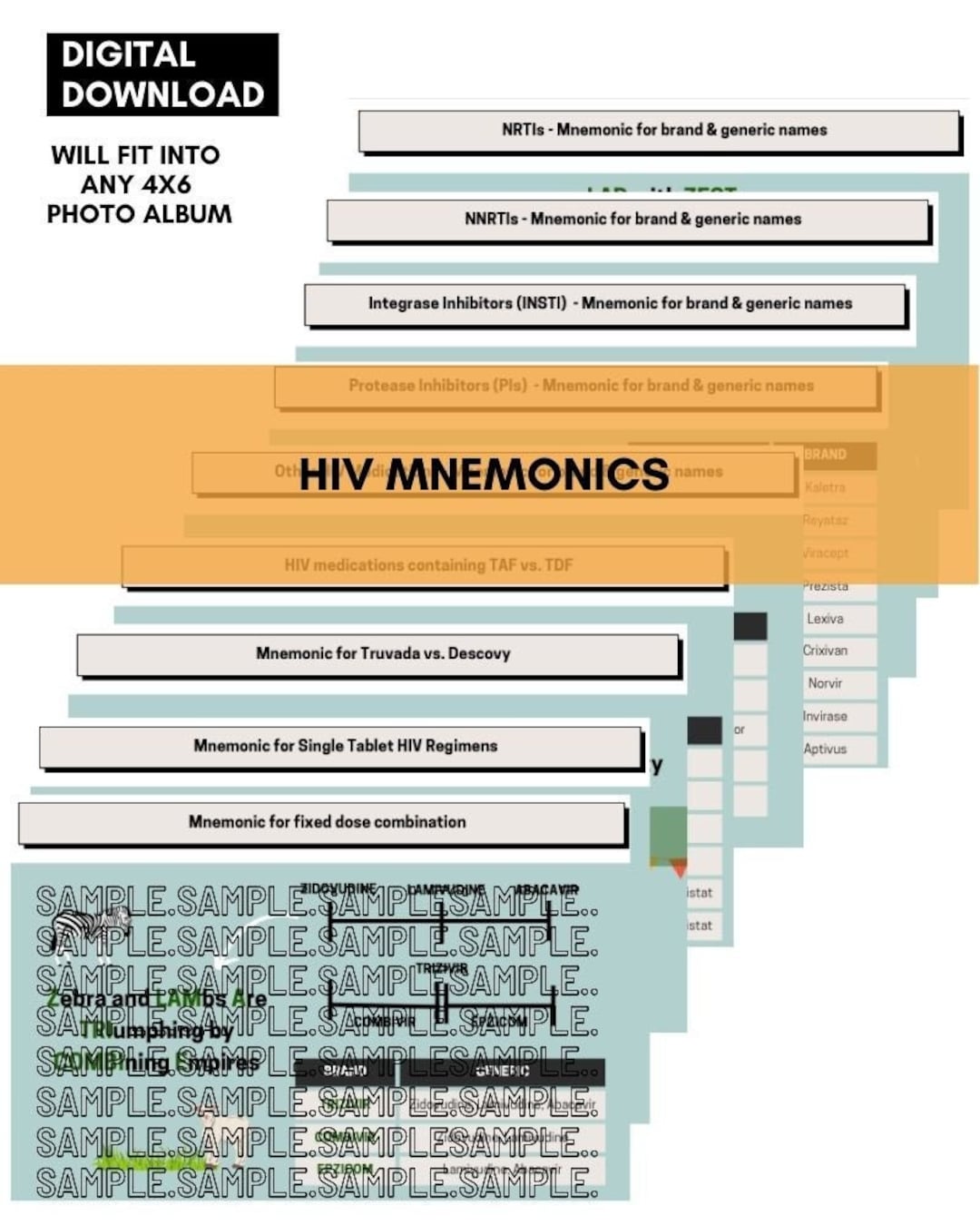 HIV Medication MNEMONICS Cheat Sheet 4x6 Digital Prints/booklet Inserts