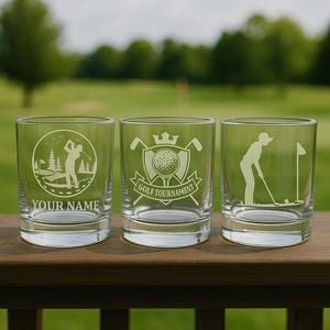 Custom Golf Whiskey Glass | Etched Whiskey Cup for Golfers | Father’s Day Gift | Bulk Tournament Favors | Your Design or Ours