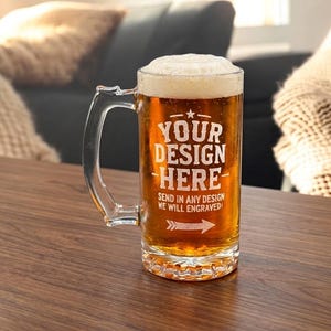 Personalized Beer Mug with Photo, Logo or Text | Custom Engraved Glass Beer Mug | Beer Stein Gift