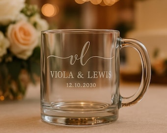 Custom Wedding Coffee & Tea Mug – Engraved Glass, Personalized Couple Gift, Monogram Options