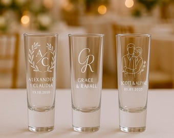 Custom Wedding Shot Glasses – Personalized Name & Date, Engraved Guest Favors, Bridal Party Gifts, Groomsmen or Couple Keepsake