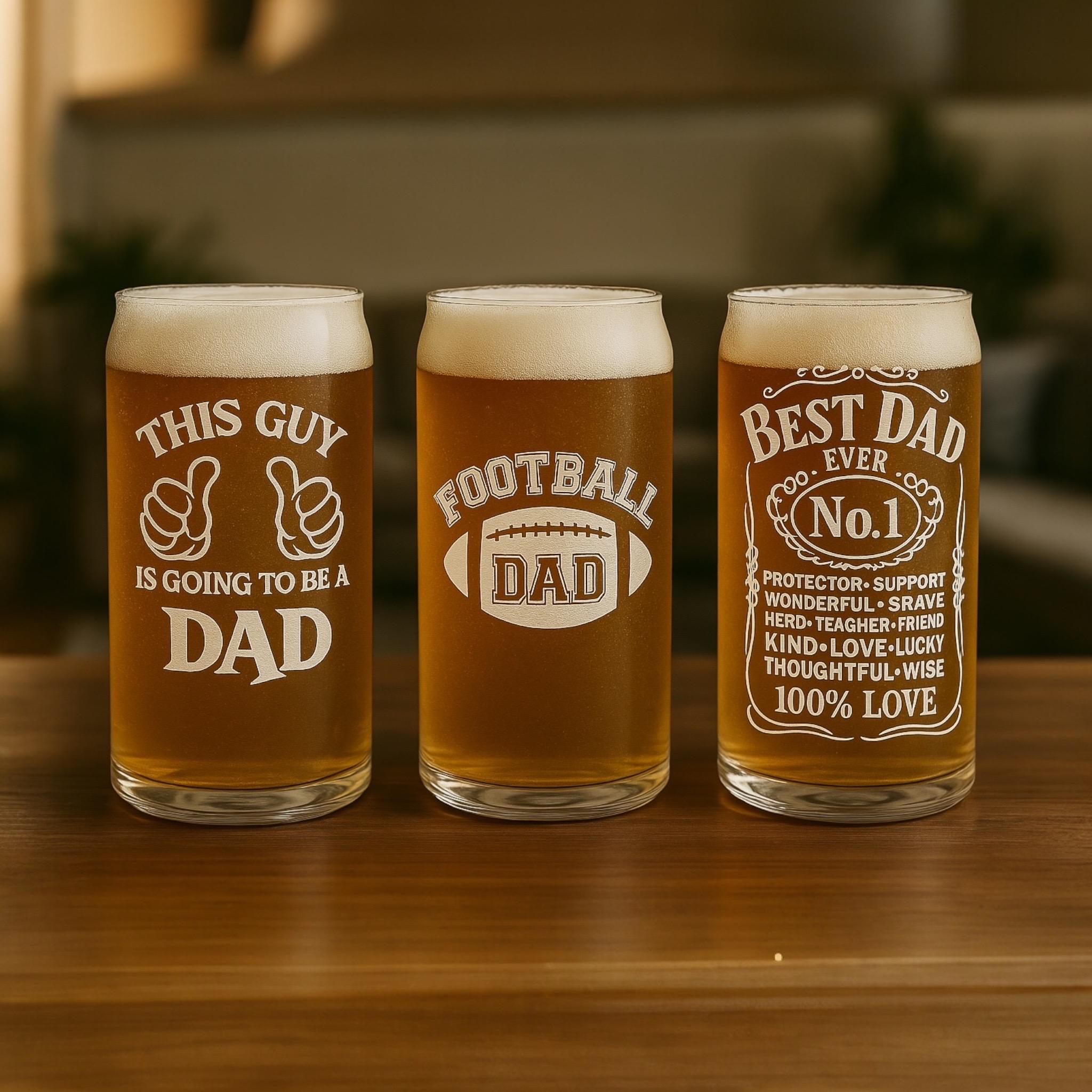 Custom Dad Beer Can Glass – 20oz Etched Pint for Father’s Day, Groomsmen, Football Dads, Man Cave Gift, Personalized Cup