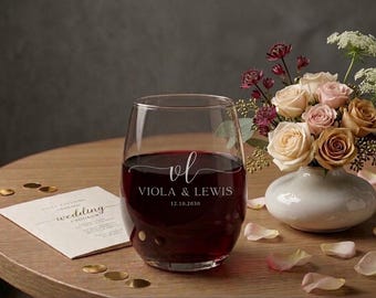 Personalized Stemless Wine Glass, Custom Wedding Bridal Party Gift, Engraved Keepsake
