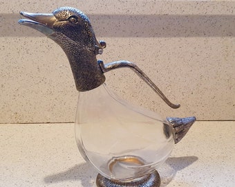 Vintage Entenkaraffe, Karaffe, Entenkrug, Entenweinkaraffe, Entenweinkaraffe, Silber, Glas, Anthropomorph