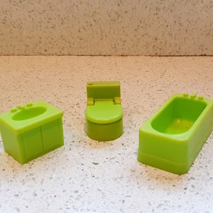 Vintage Fisher price Family House Furniture, Bathroom, Toilet, Sink, Bath, Green, Complete, Vintage Fisher Price Toys