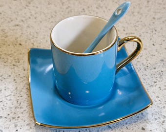 Vintage Silea Bone China Espresso Cup: Harlequin Blue with Gold Gilt