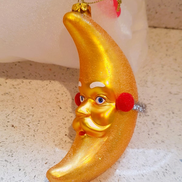 NEW -Kitsch, Quirky Xmas, Christmas, tree Decoration, Hanging Decoration, Man in the Moon, Vintage, retro, Gold, Yellow, Vintage Paperchase,