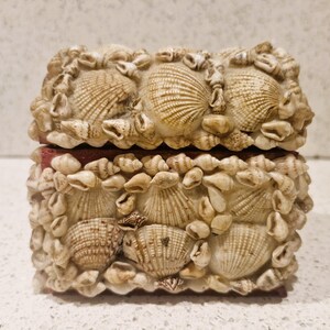 May include: A rectangular jewellery box covered in various seashells. The box is beige and cream-coloured, with a red interior visible when the lid is slightly ajar. The seashells are of different sizes and shapes, creating a textured surface.