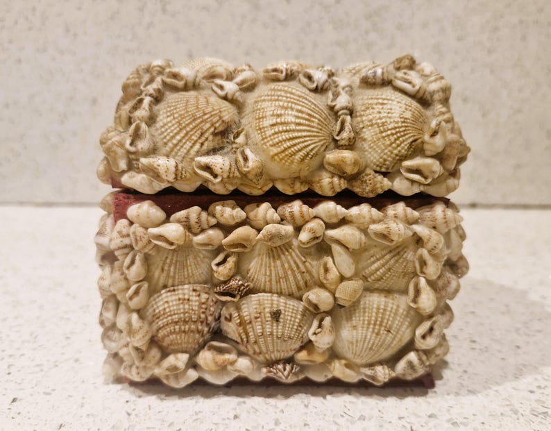 May include: A rectangular jewellery box covered in various seashells. The box is beige and cream-coloured, with a red interior visible when the lid is slightly ajar. The seashells are of different sizes and shapes, creating a textured surface.