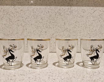 Vintage Reindeer Shot Glass: 1960s Gilt-Edged Christmas Decor