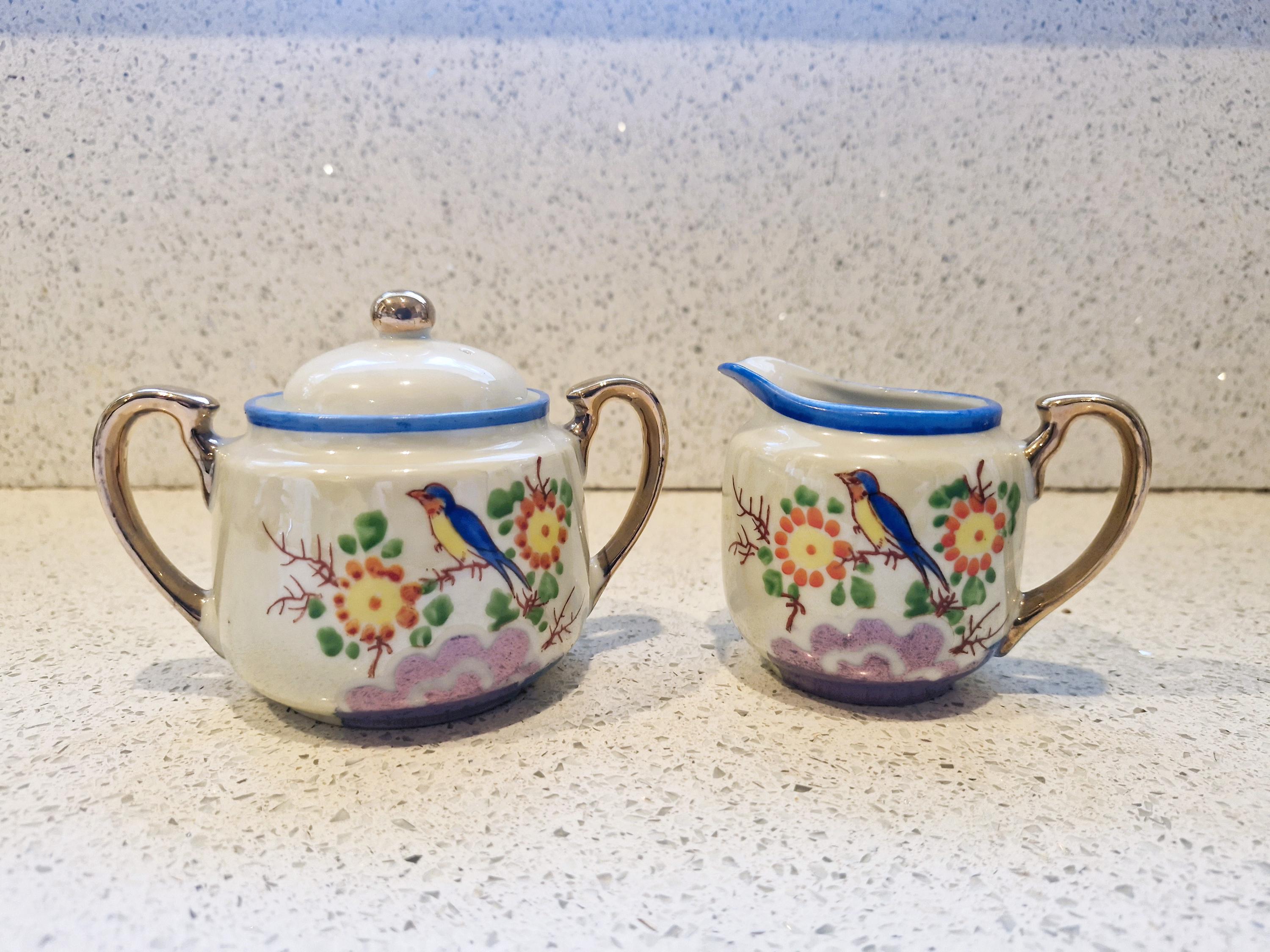 ヴィンテージの日本製シュガーボウル＆クリーマーセット：手描きの鳥の