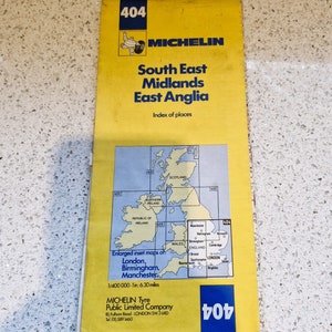 Vintage Engelse Michelin-wegenkaart, Michelin-wegenkaart 404, Engeland, Zuidoost, Midlands, East Anglia, vintage wegenkaart, 1988