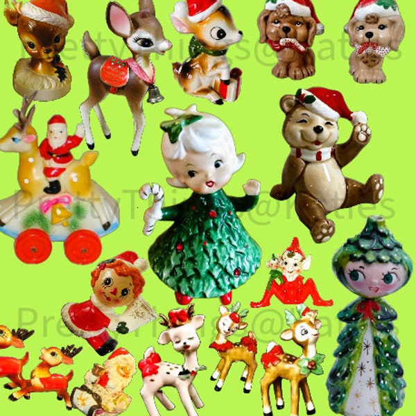 CHRISTMAS - 15 x PNG Files of images of Kitsch, Quirky vintage xmas ceramics  Transparent Background - Instant Download