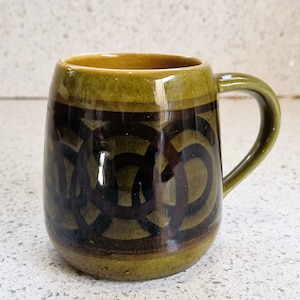 May include: A green ceramic mug with a brown and black geometric pattern. The mug has a rounded body and a handle.