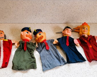 vintage hand puppets, Punch and Judy, King, Queen, Princess, Policeman