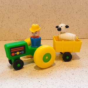 Vintage Fisher Price Tractor & Trailer Set: Little People Farm Toys