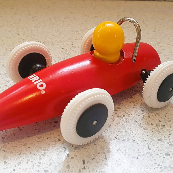 Vintage Brio Holz-Rennwagen, Schiebe-Spielzeug, schrullig, Spaß, Kleinkind-Spielzeug, rot, blau - makellos