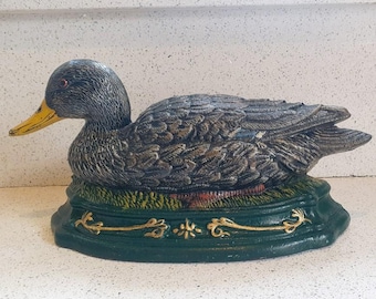 Vintage Cast Iron Duck Doorstop: Hand-Painted Mallard, Farmhouse Decor