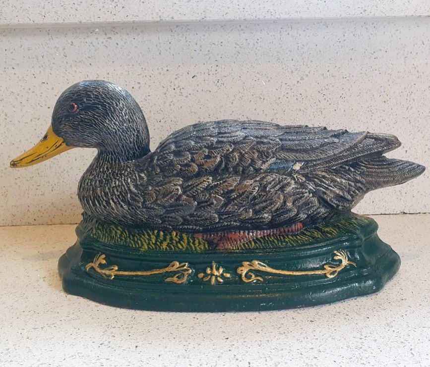 Vintage Cast Iron Duck Doorstop: Hand-painted Mallard, Farmhouse